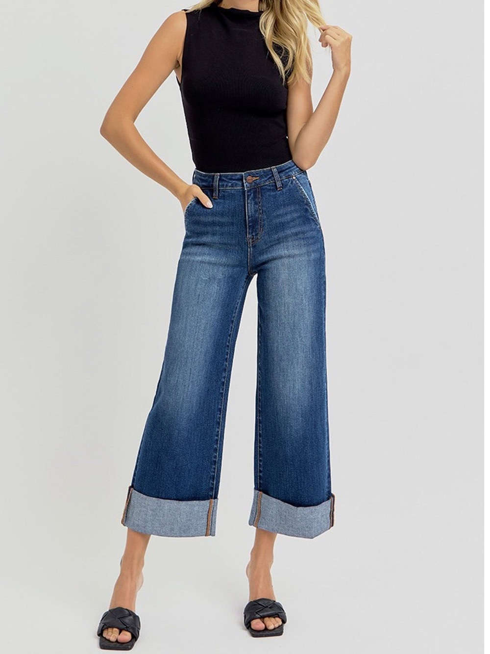 Risen Los Angeles Jeans High-Rise Wide-Leg Cuffed Jeans In A Medium To Dark Wash